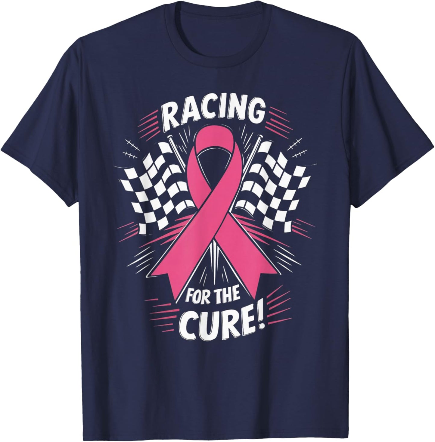 Pink Ribbon Breast Cancer Awareness Racing for the Cure T-Shirt - T-Shirt | Navy