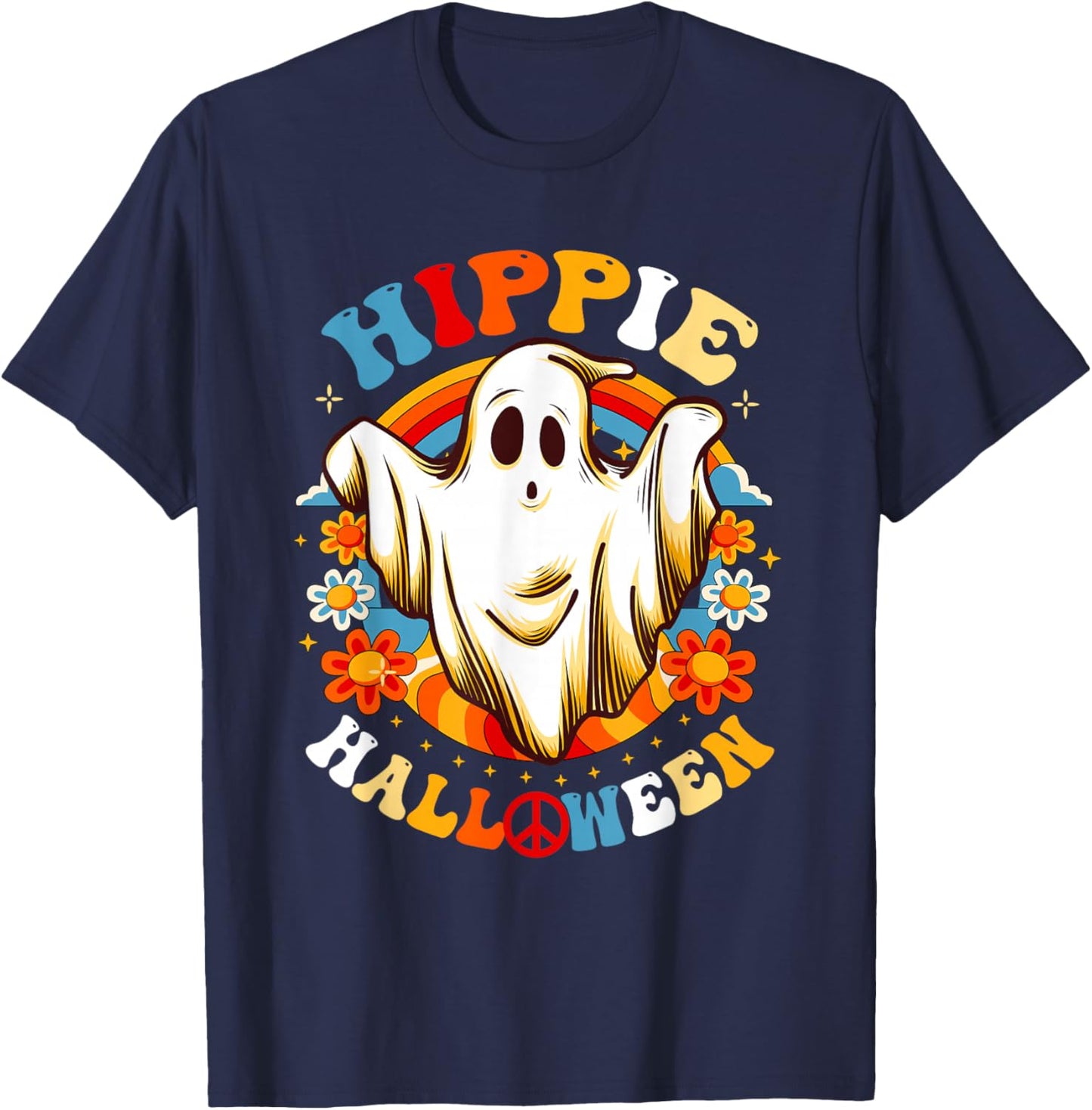 Retro Groovy Peace Hippie Halloween Vintage Floral Ghost T-Shirt - T-Shirt | Navy
