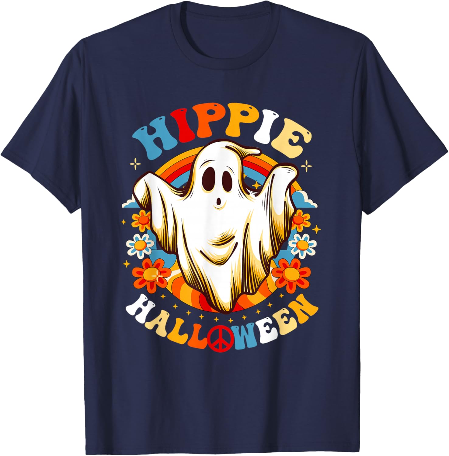Retro Groovy Peace Hippie Halloween Vintage Floral Ghost T-Shirt - T-Shirt | Navy