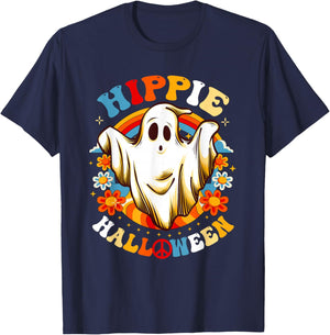 Retro Groovy Peace Hippie Halloween Vintage Floral Ghost T-Shirt - T-Shirt | Navy