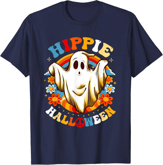 Retro Groovy Peace Hippie Halloween Vintage Floral Ghost T-Shirt - T-Shirt | Navy