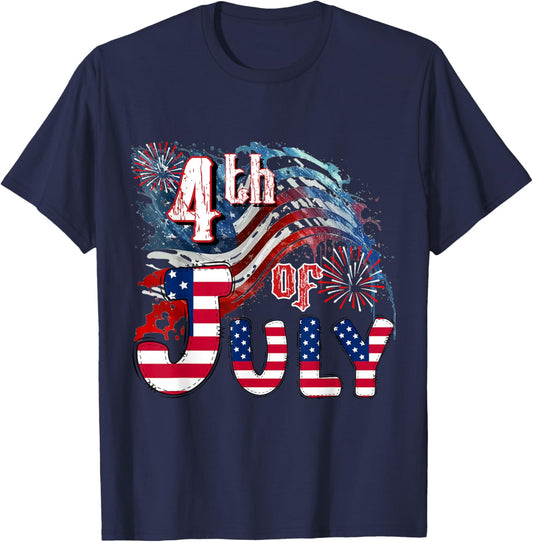Fireworks Happy 4th Of July US Flag American 4th Of July T-Shirt - T-Shirt | Navy