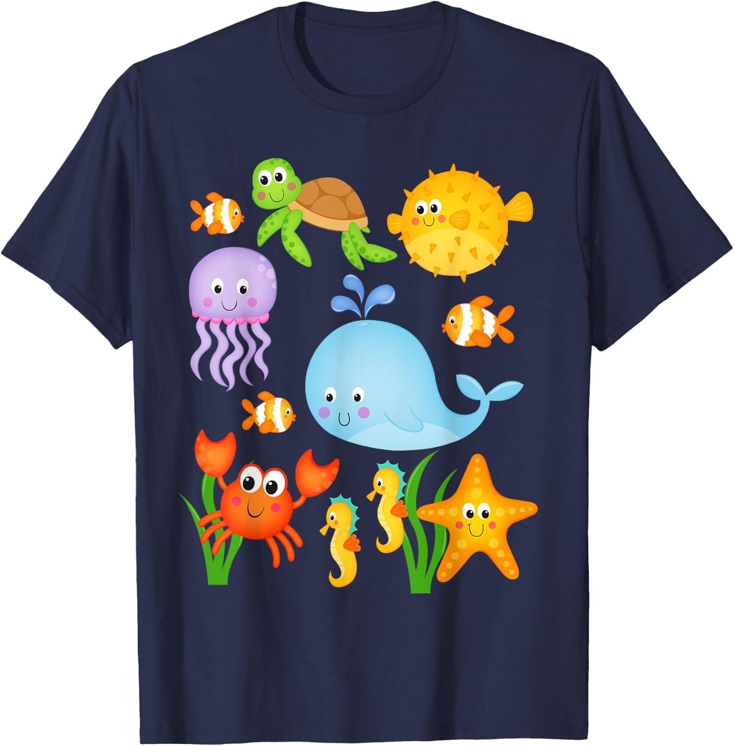 Sea Ocean Animals Whale Octopus Starfish Crab Kids Toddlers T-Shirt - T-Shirt | Navy