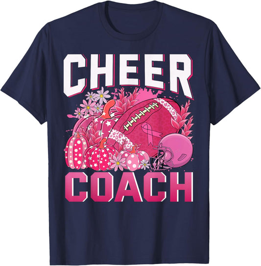 Cheer Coach Pink Ribbon Football Breast Cancer Awareness T-Shirt - T-Shirt | Navy