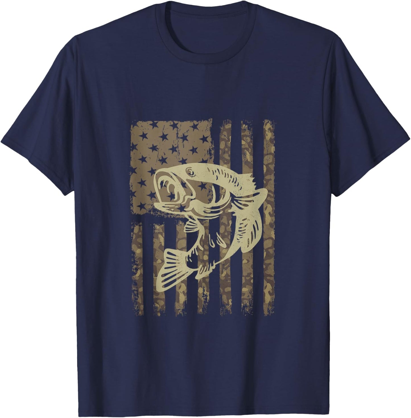 Camouflage USA Flag Big Mouth Bass Vintage Fishing T-Shirt - T-Shirt | Navy