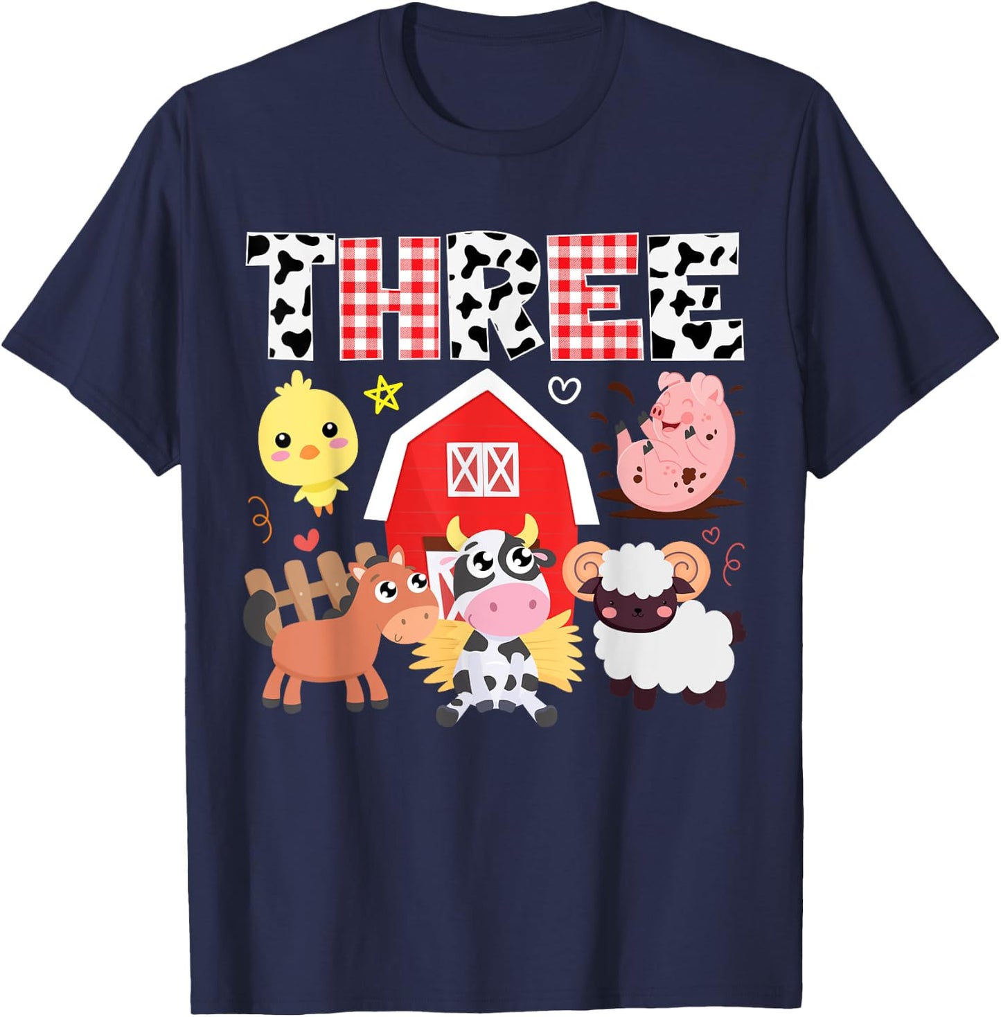3rd Birthday Three Year Farm Theme Animals Birthday Party T-Shirt - T-Shirt | Navy