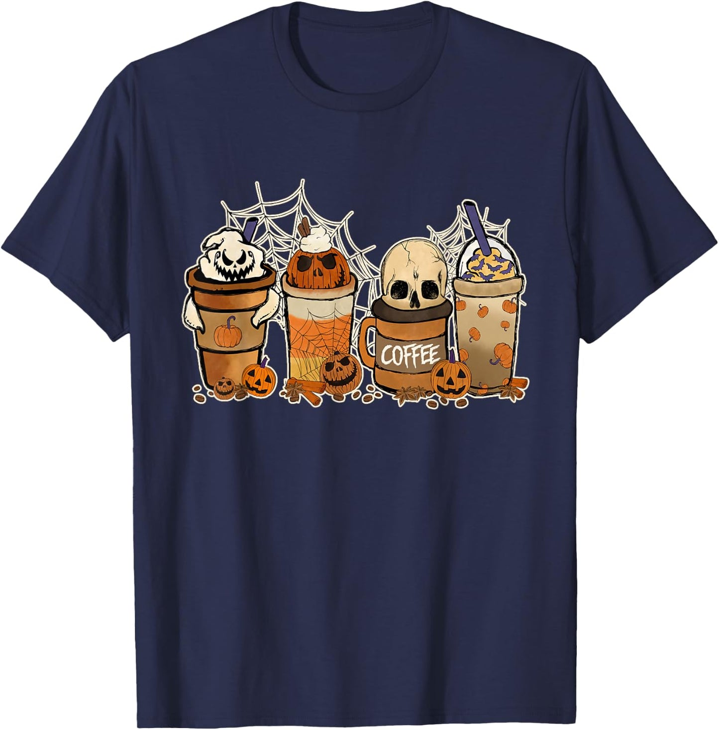 Halloween Spooky Season Coffee Lover Horror Movie And Coffee T-Shirt - T-Shirt | Navy