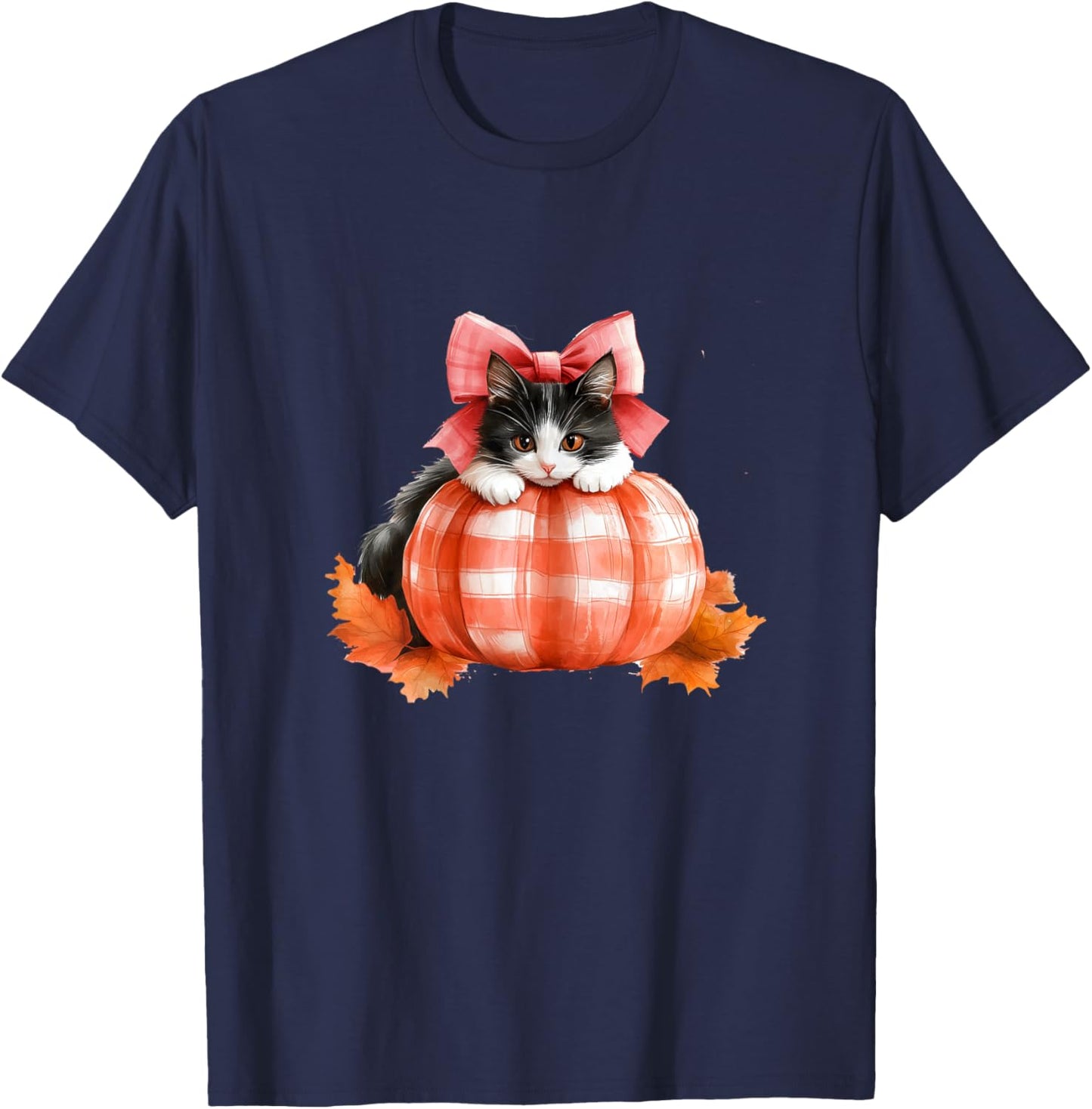Cute Halloween Pumpkin Cat Pink Fall Plaid Thanksgiving Girl T-Shirt - T-Shirt | Navy