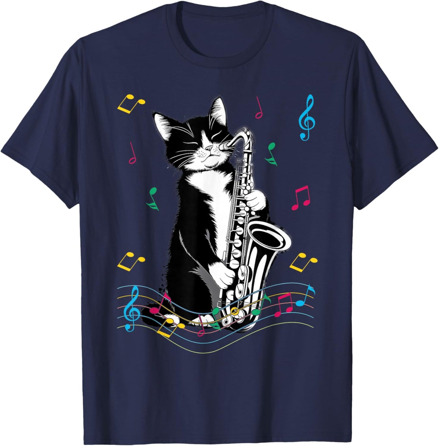 Cat Playing Saxophone Funny Cat Jazz Sax Music Saxophonist T-Shirt - T-Shirt | Navy