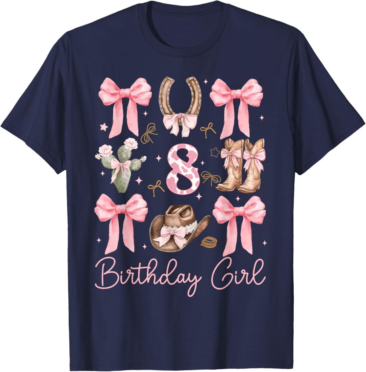 8th Birthday Girl Cowgirl Coquette Bow 8 Year Old Western T-Shirt - T-Shirt | Navy