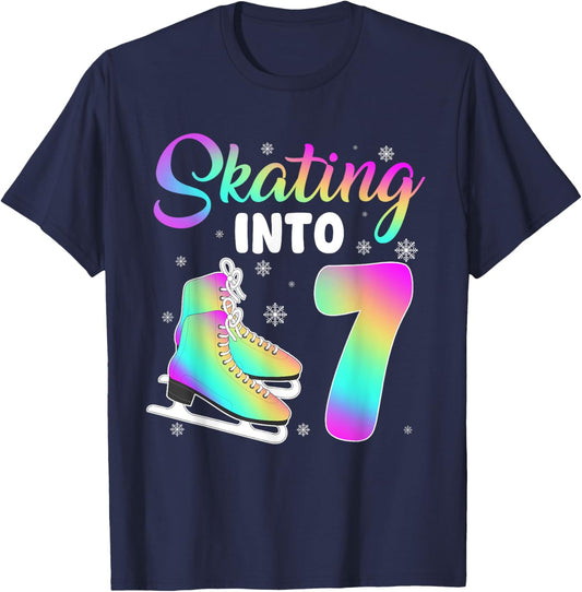 Skating Into 7th Birthday Ice Skating Girl 7 Year Old T-Shirt - T-Shirt | Navy