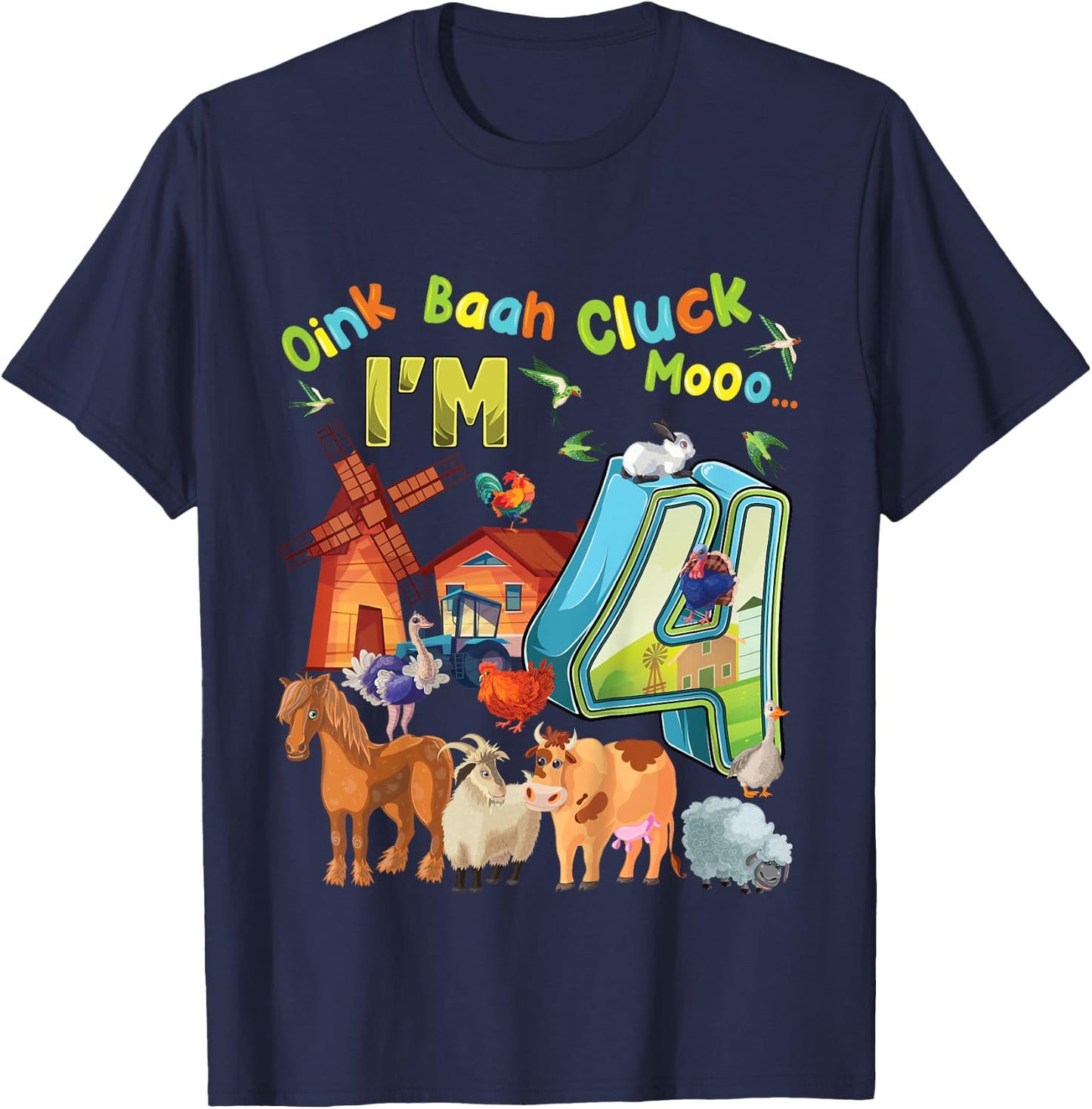 Barnyard 4th Birthday Farm Animals 4 Years Old Farming T-Shirt - T-Shirt | Navy