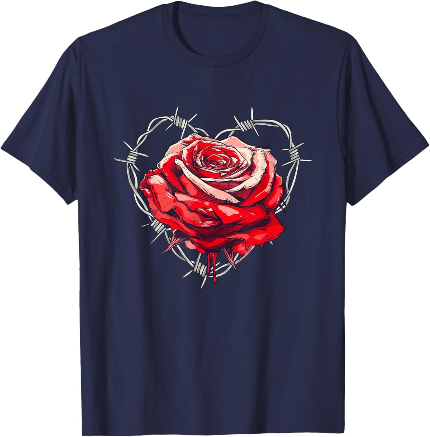 Red Rose in Barbed Wire Love Heart T-Shirt - T-Shirt | Navy