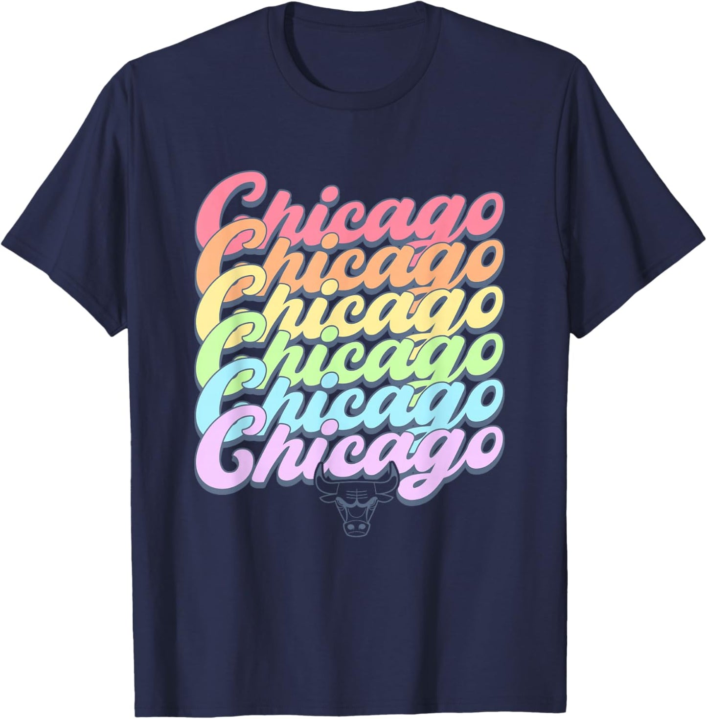 NBA Chicago Bulls Pastel Rainbow Pride Stack T-Shirt - T-Shirt | Navy