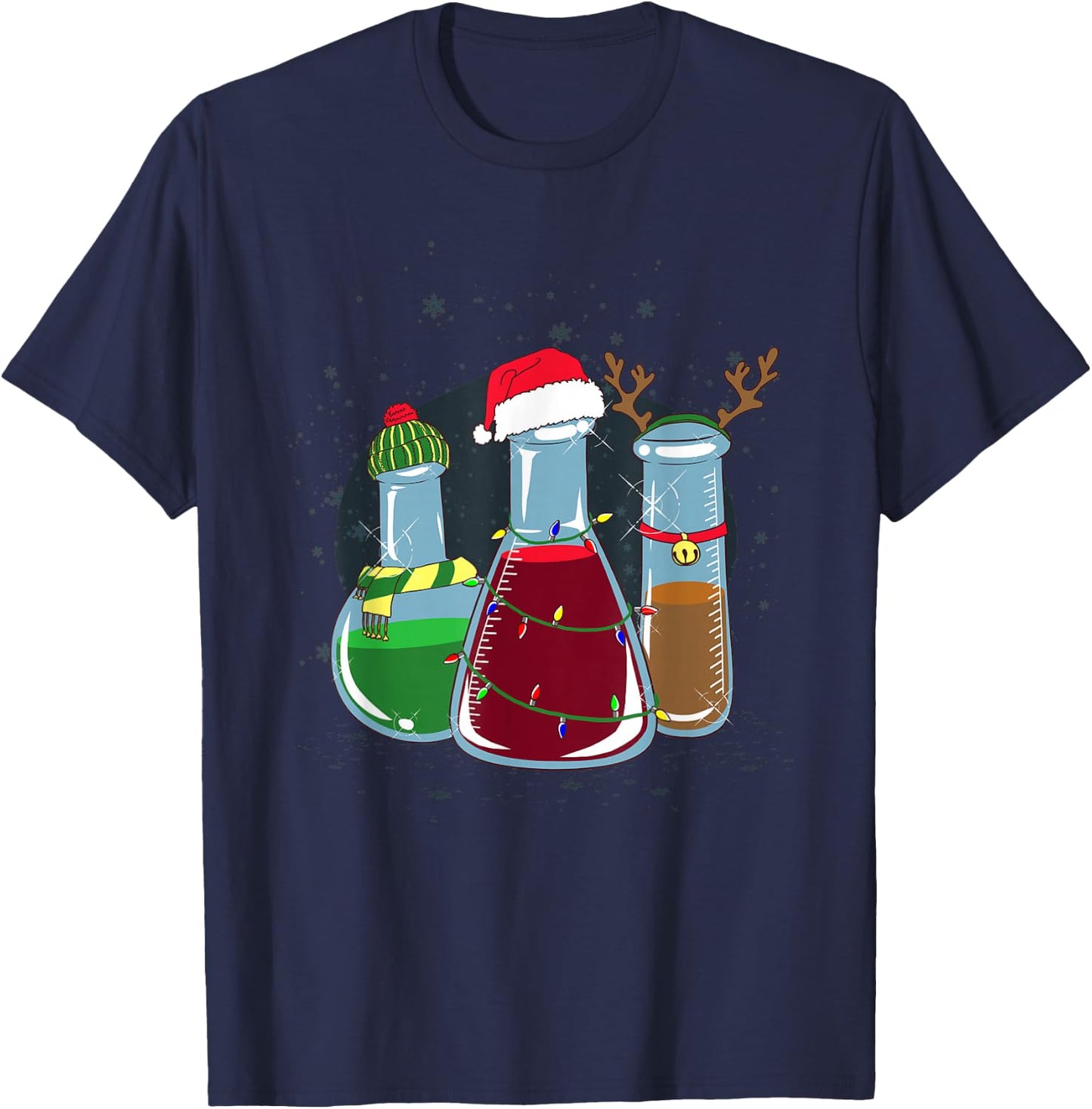 Chemical laboratory bottles, Santa, reindeer, Christmas T-Shirt - T-Shirt | Navy