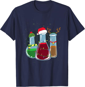 Chemical laboratory bottles, Santa, reindeer, Christmas T-Shirt - T-Shirt | Navy