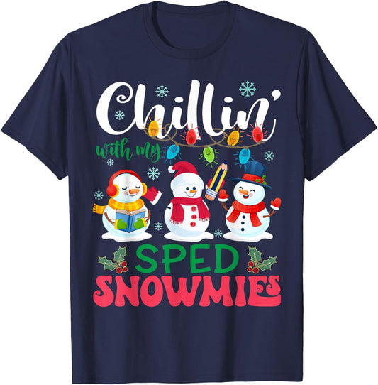 Chillin With My SPED Snowmies Light Christmas Teacher T-Shirt - T-Shirt | Navy