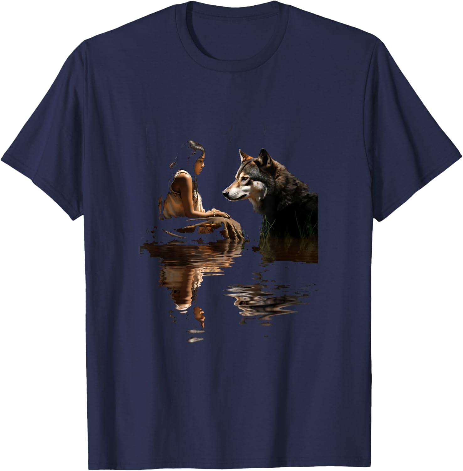 Native American Woman Girl and Wolf In The Lake Indian T-Shirt - T-Shirt | Navy