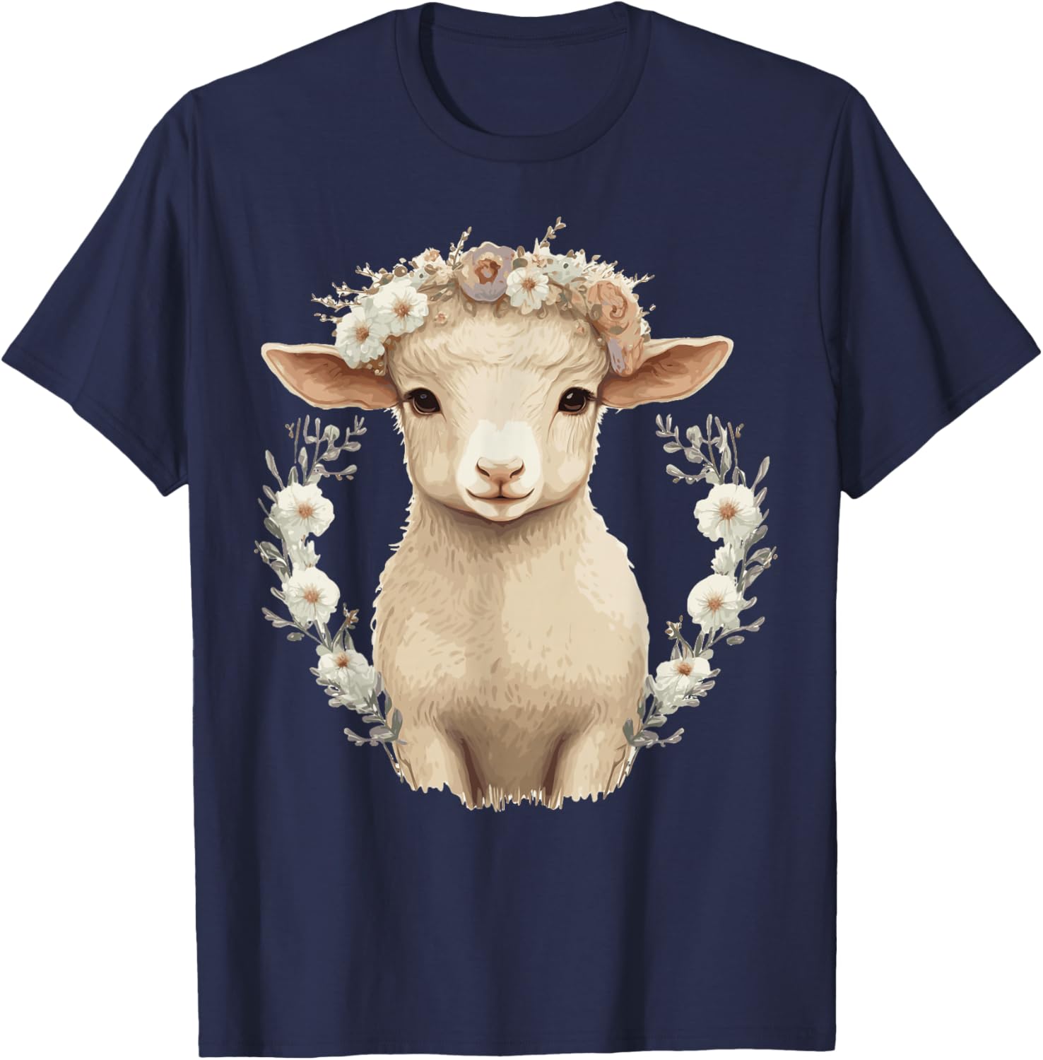 Cute Lamb Flower Crown Sheep Baby Floral Farm Animal Pet T-Shirt - T-Shirt | Navy