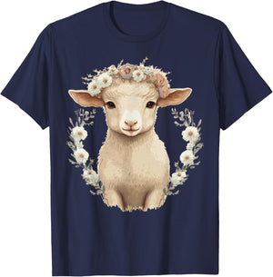 Cute Lamb Flower Crown Sheep Baby Floral Farm Animal Pet T-Shirt - T-Shirt | Navy