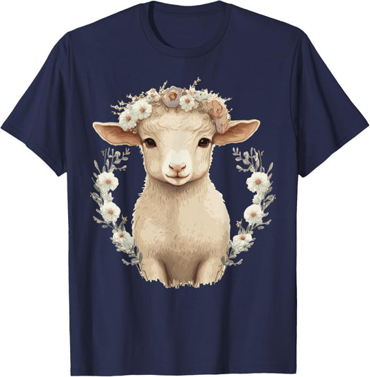 Cute Lamb Flower Crown Sheep Baby Floral Farm Animal Pet T-Shirt - T-Shirt | Navy