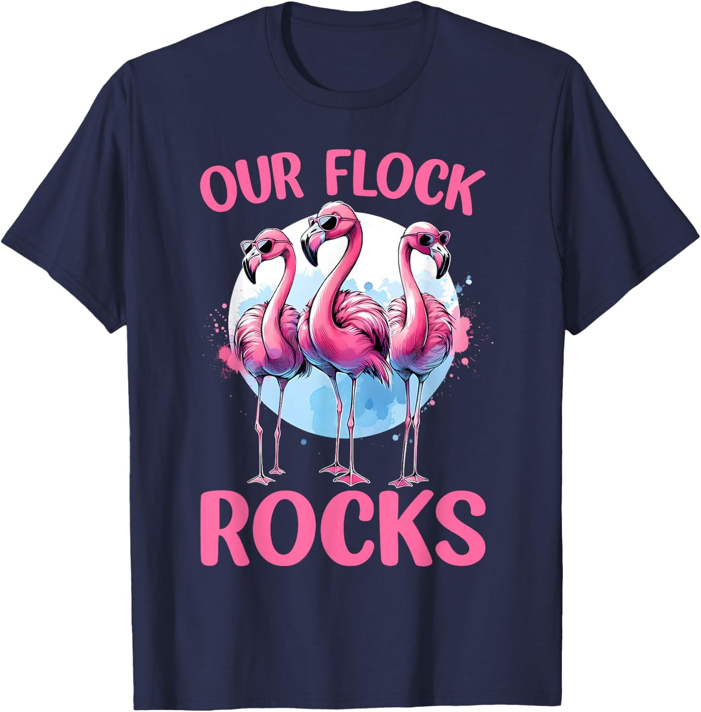 Our Flock Rocks Flamingos Lover Family Vacation Group T-Shirt - T-Shirt | Navy
