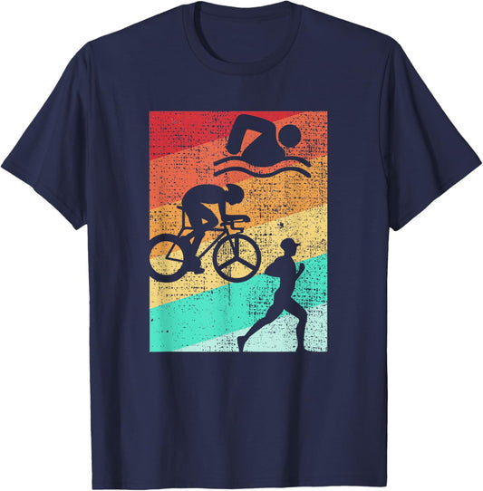Triathlon 80s Style Swim Bike Run for a Triathlet, Triathlon T-Shirt - T-Shirt | Navy