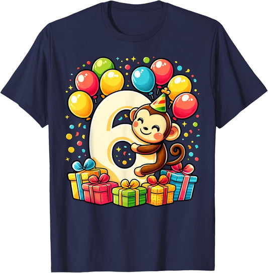 Bday sixth Boys, Girls, Kids age six 6th birthday Monkey T-Shirt - T-Shirt | Navy