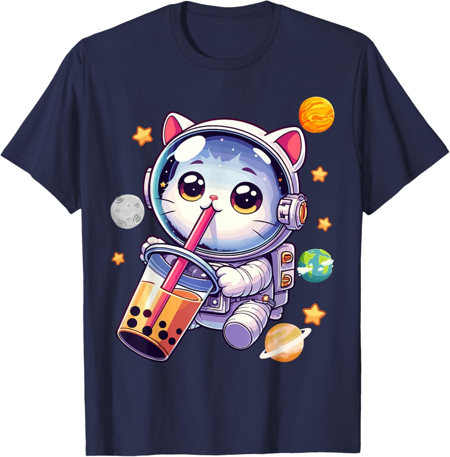 Space Cat Astronaut Boba Tea Boba Cat Galaxy Cute Anime Women Kids T-Shirt - T-Shirt | Navy