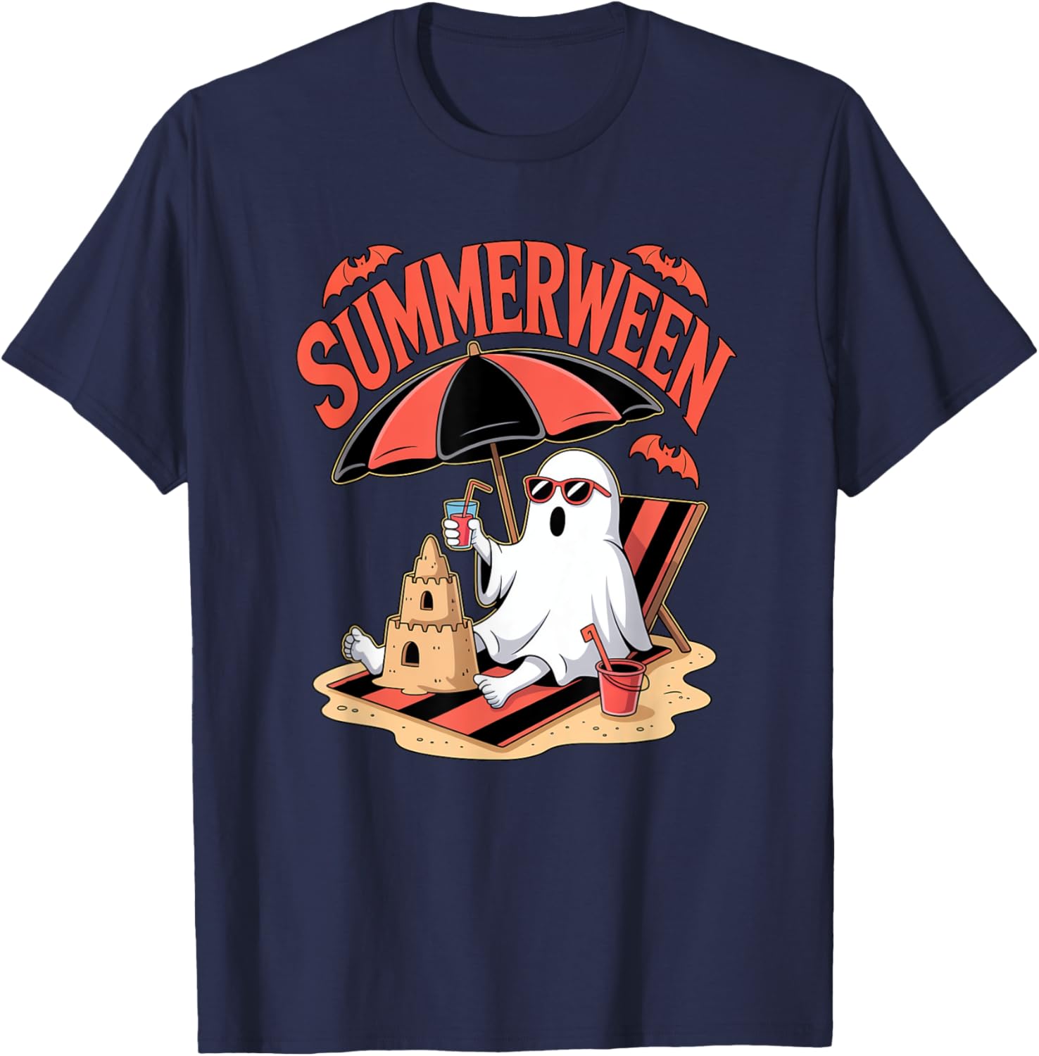 Ghost Summerween Sandcastle Beach Halloween Summer Scary Fun T-Shirt - T-Shirt | Navy