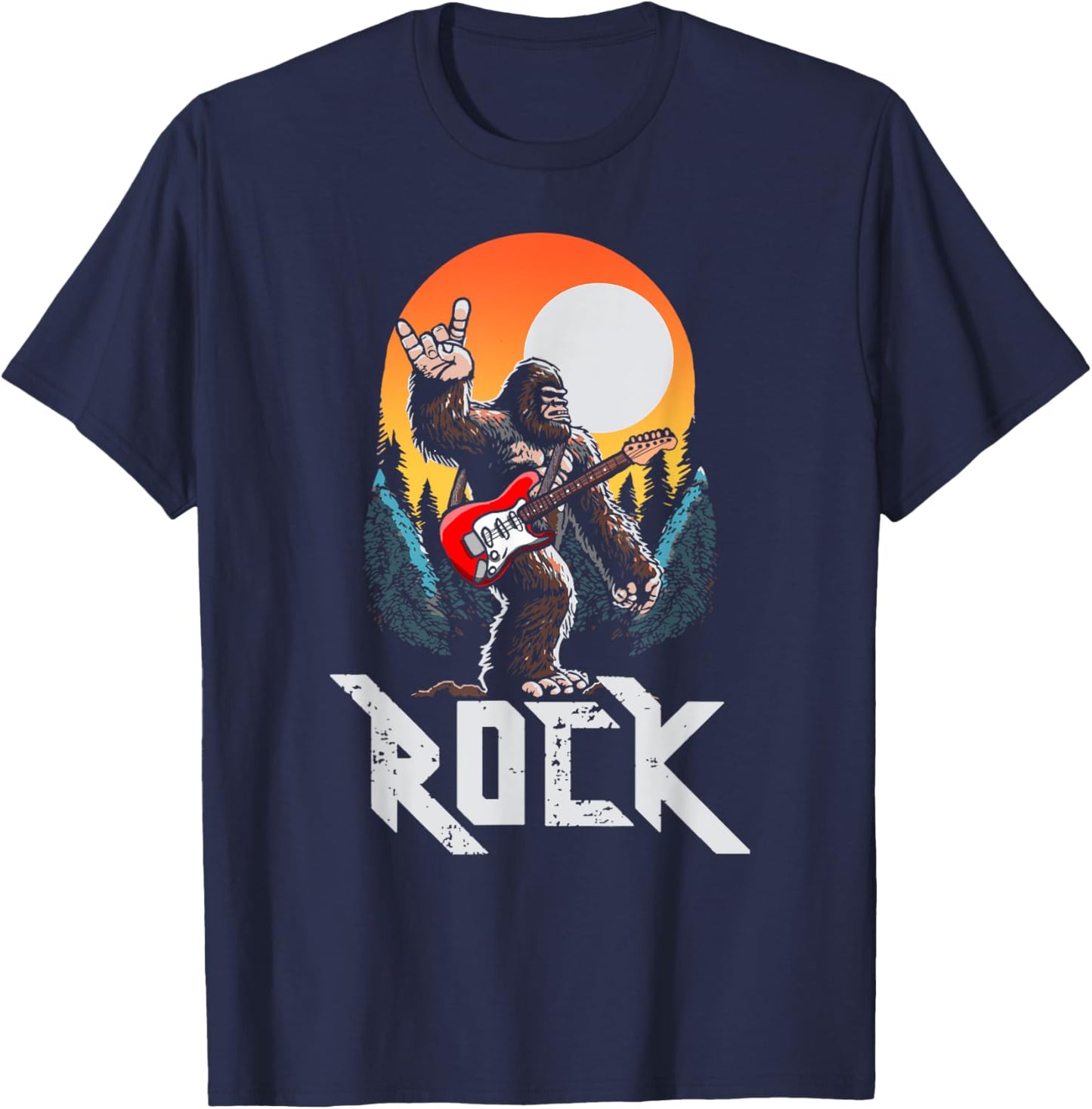 Rock! Sasquatch Rock & Roll Bigfoot Electric Guitar Rock On T-Shirt - T-Shirt | Navy