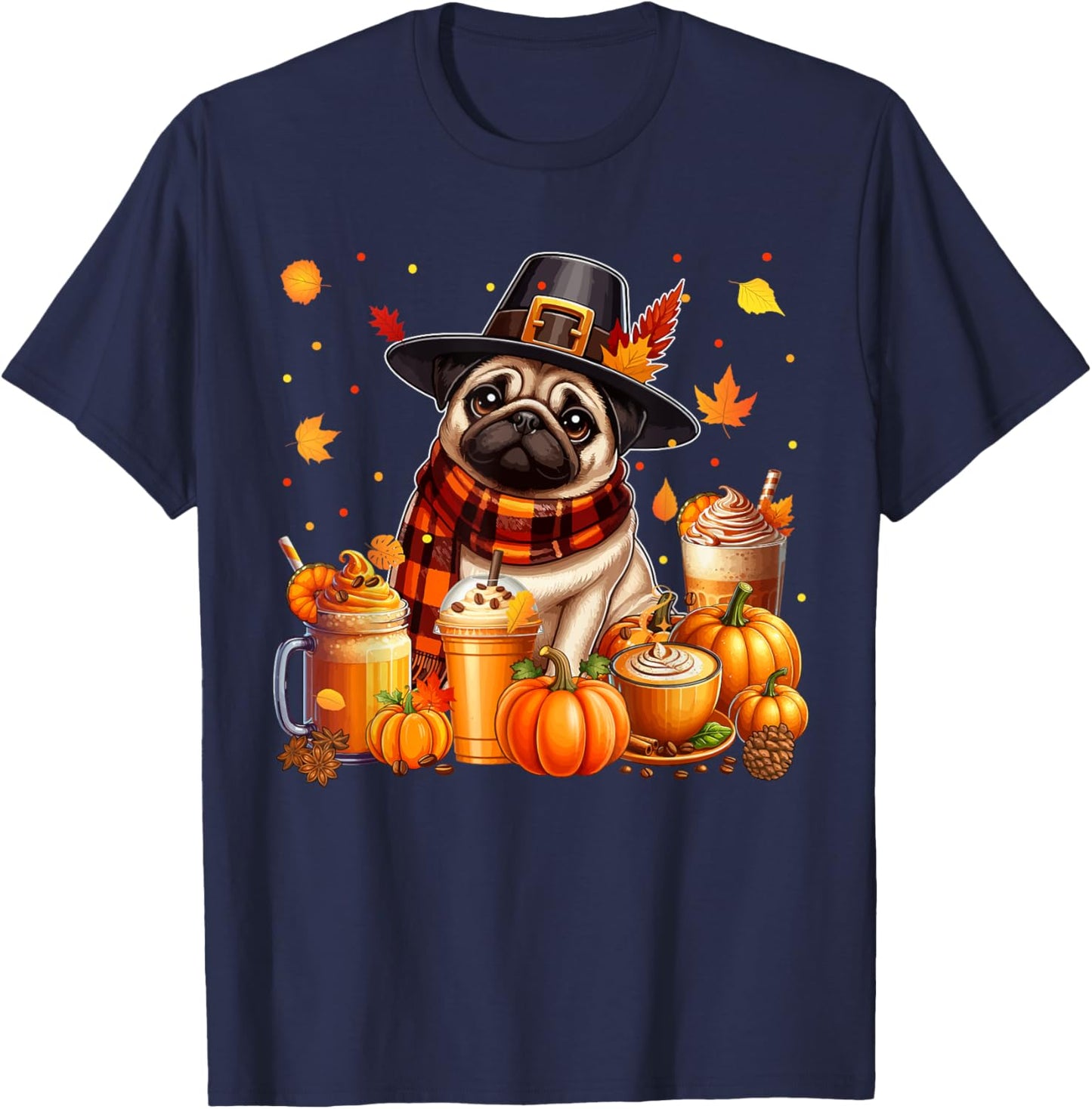 Pug Thanksgiving Drinks Coffee Fall Leaves Pumpkins T-Shirt - T-Shirt | Navy
