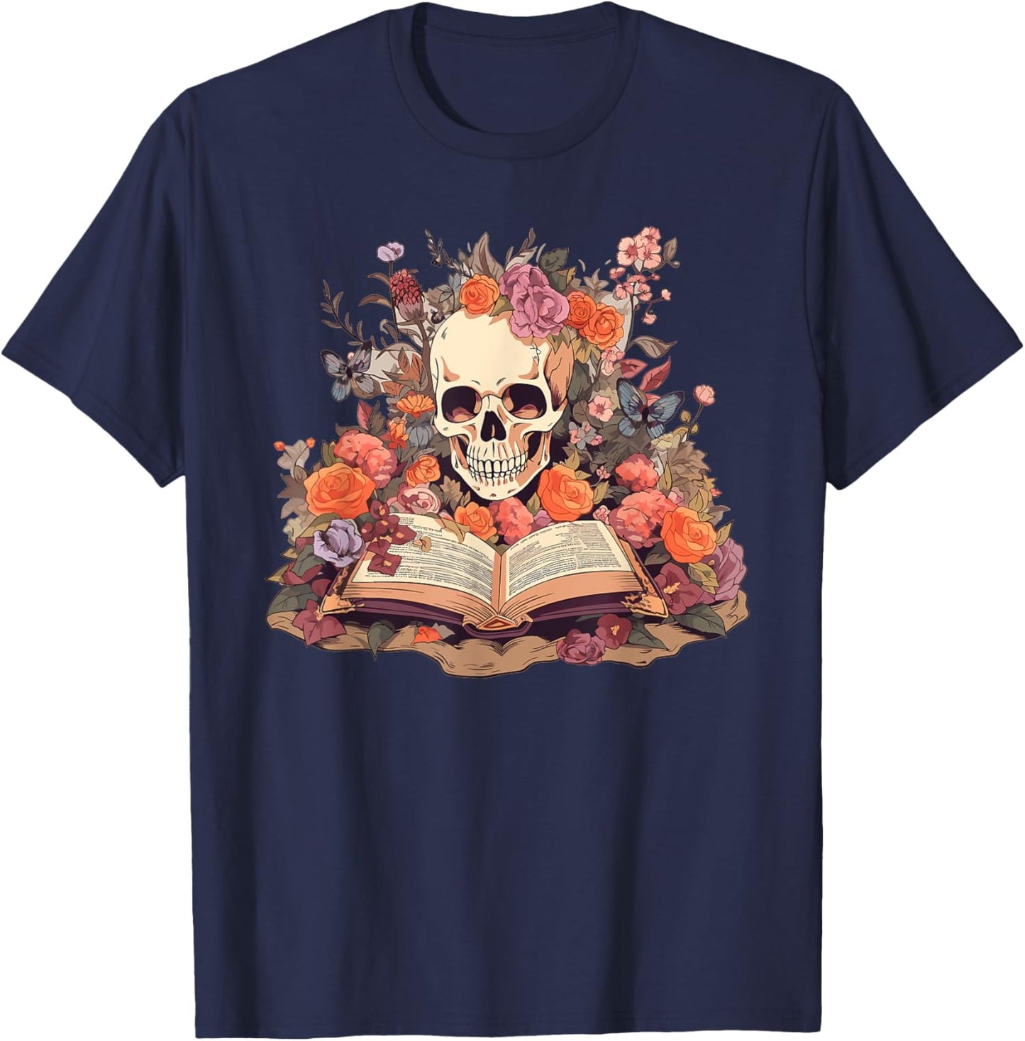 Book Reading Skull Skeleton Flowers Floral Bookish Butterfly T-Shirt - T-Shirt | Navy