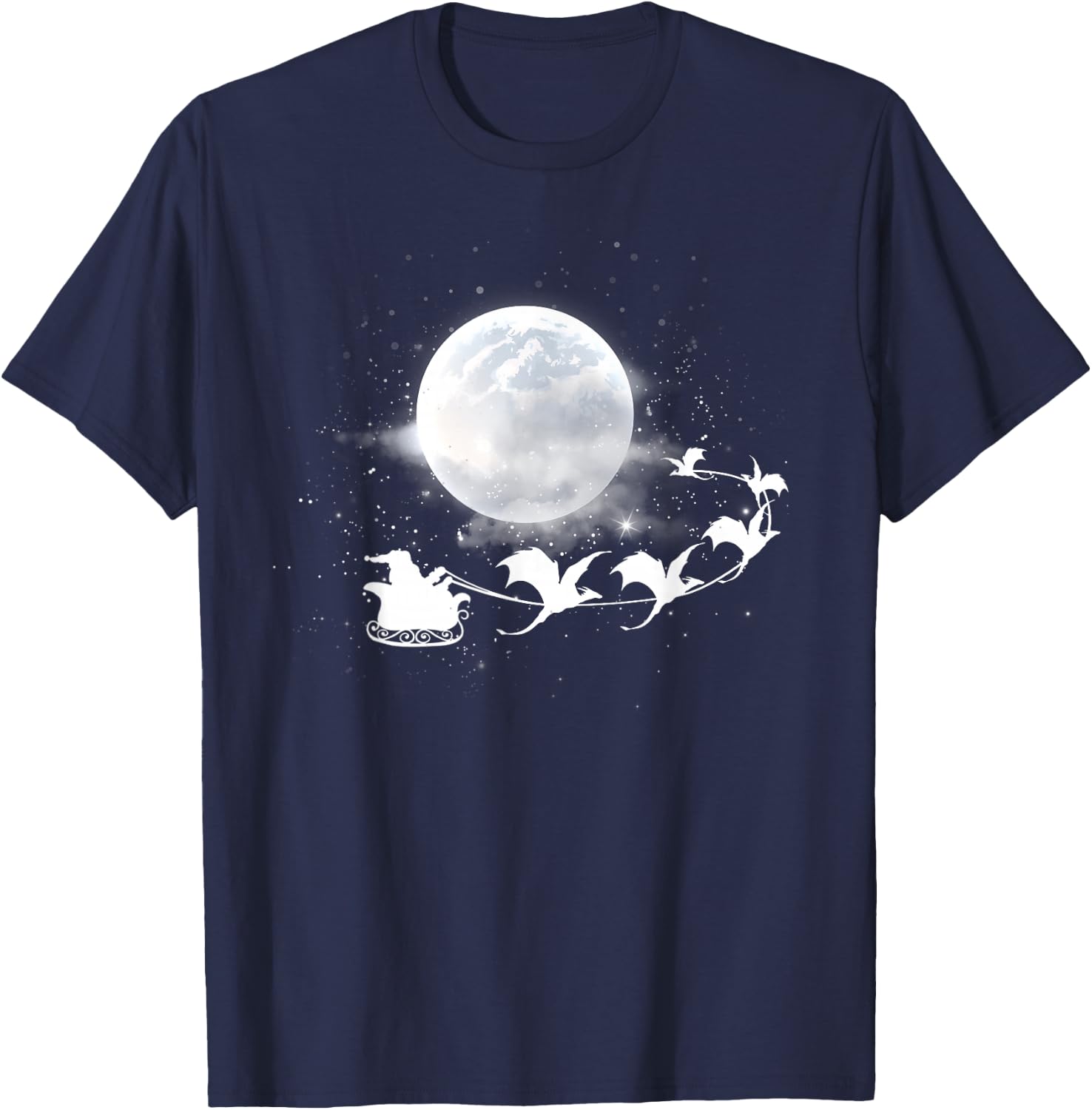 Christmas Santa Claus Flying Past the Moon Dragon Sleigh T-Shirt - T-Shirt | Navy