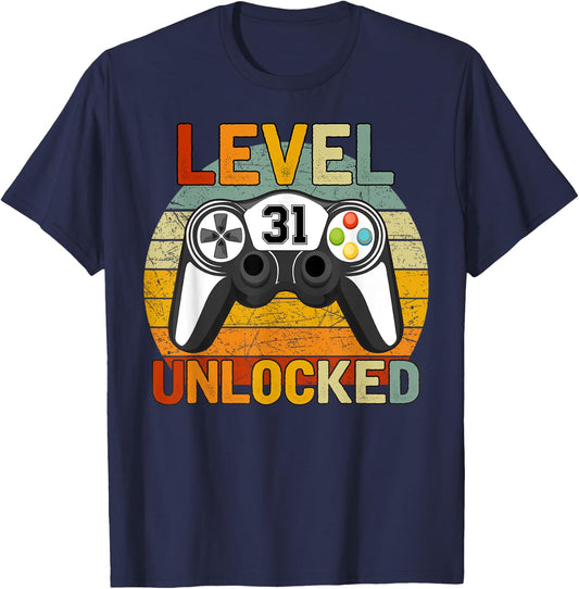 Level 31 Unlocked 31 Years Old Retro 31st Birthday Gift T-Shirt - T-Shirt | Navy