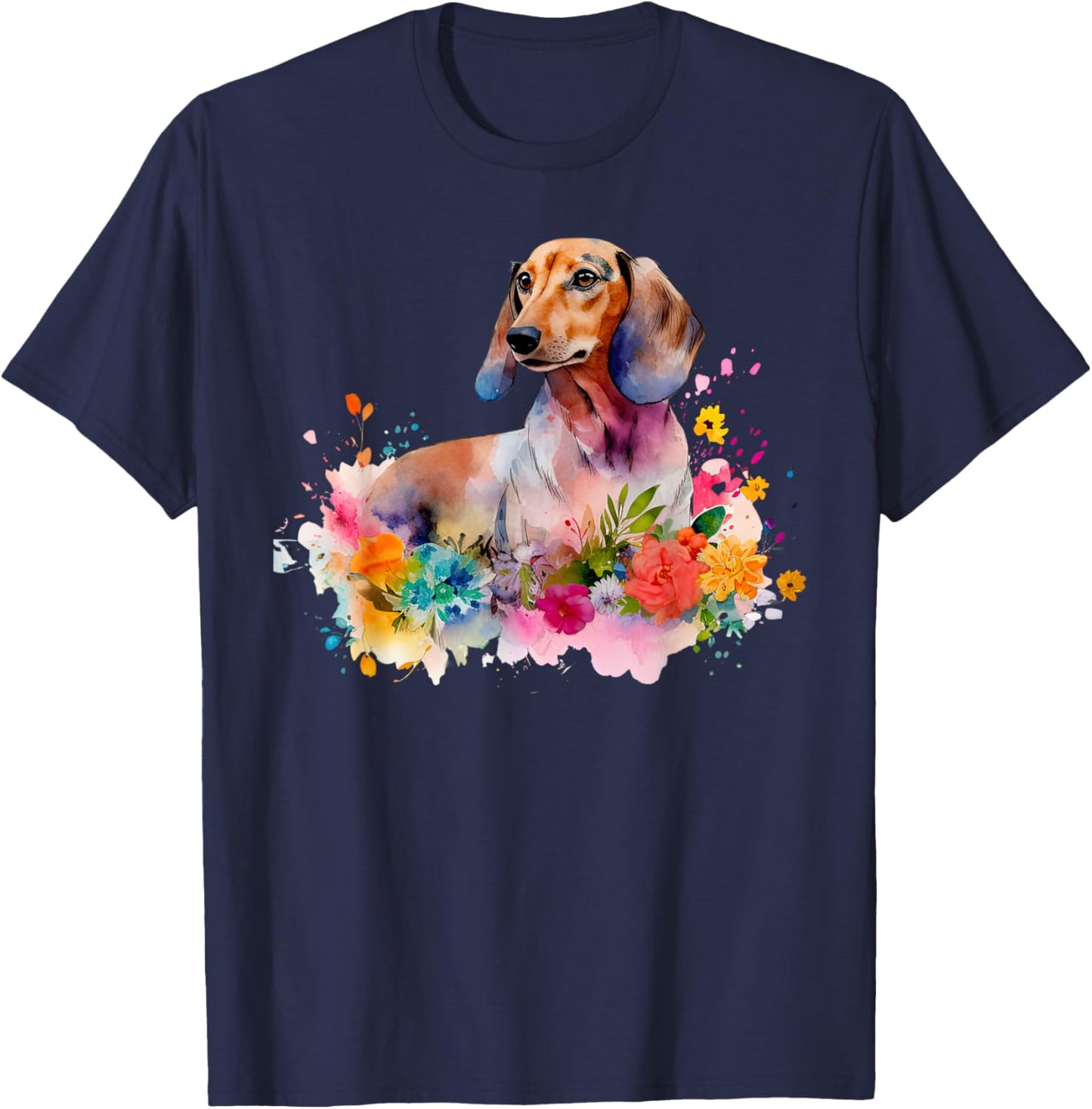 Dachshund Watercolor art Dog Dog breed woman kids floral T-Shirt - T-Shirt | Navy