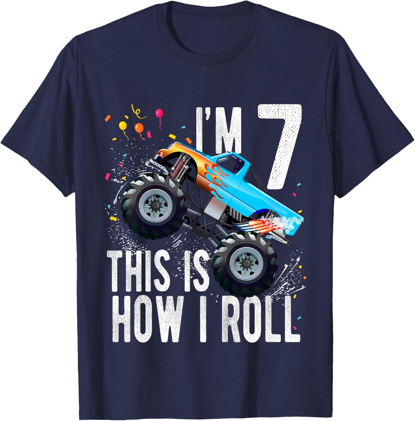 Kids 7 Year Old Shirt 7th Birthday Boy Monster Truck Car T-Shirt - T-Shirt | Navy