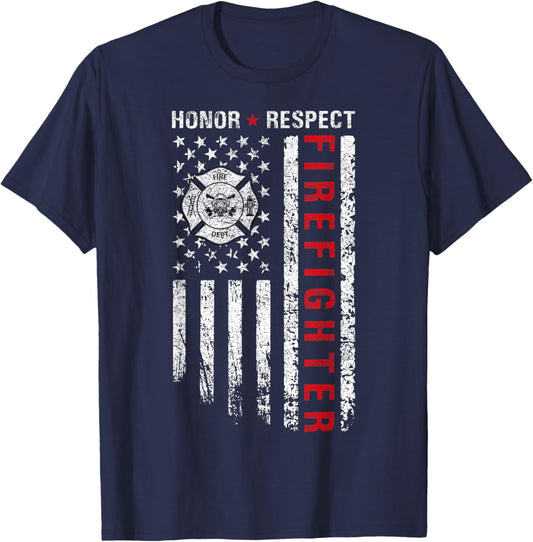 Firefighters Red Line American Flag Honor And Respect Women Men T-Shirt - T-Shirt | Navy