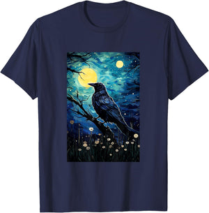 Magpie Crow Raven Bird - Van Gogh Style - Starry Night T-Shirt - T-Shirt | Navy