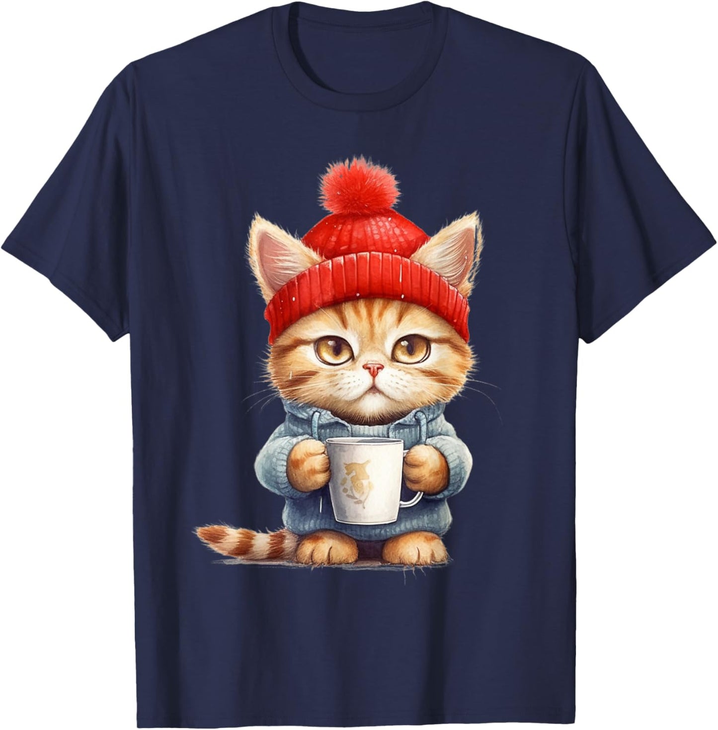 Cute kitten with his mug - La petit chat's coffee break Women Girls Kids T-Shirt - T-Shirt | Navy
