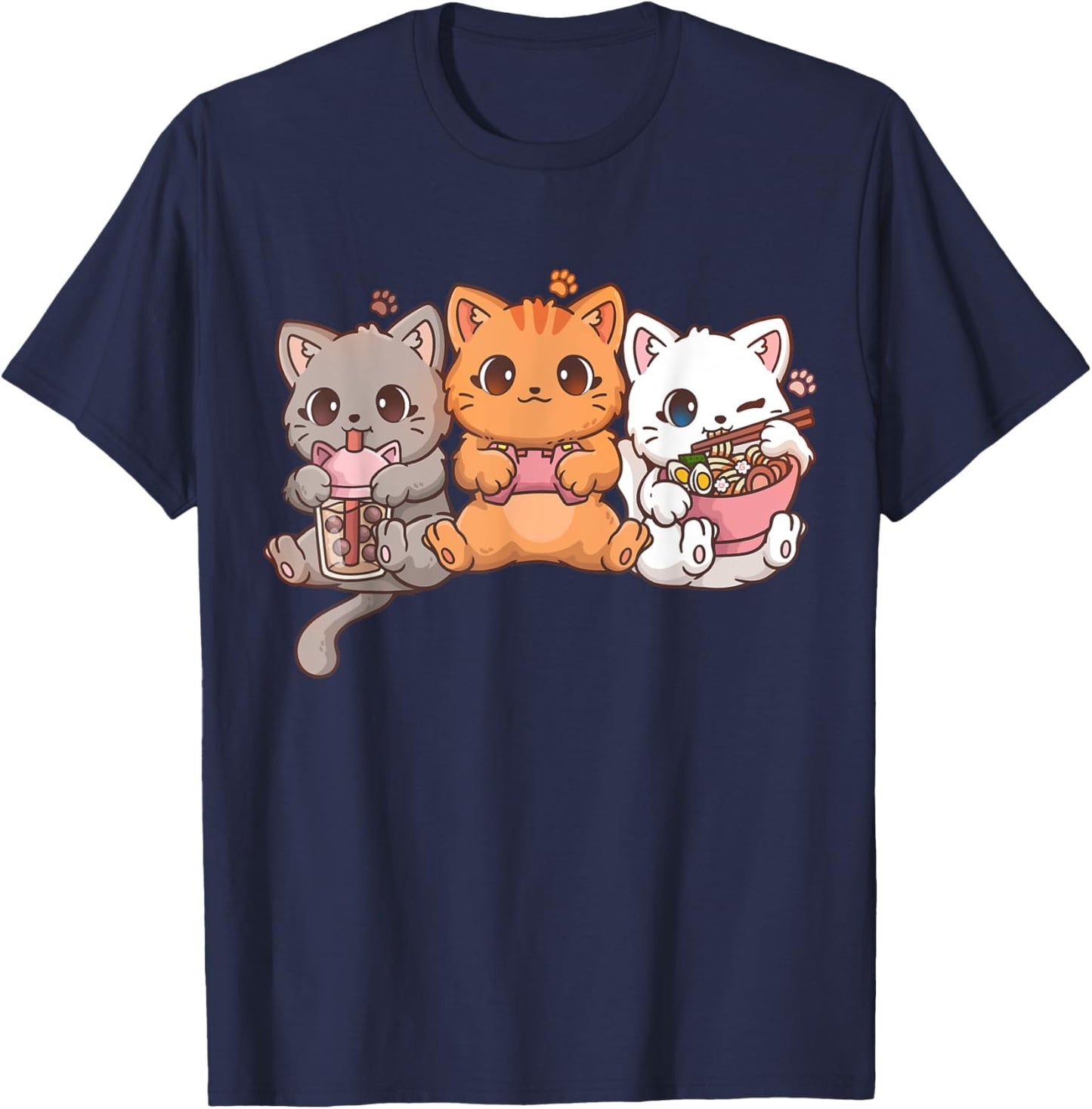 Kawaii Gamer Gaming Cat Boba Cat Bubble Tea Ramen Cats T-Shirt - T-Shirt | Navy