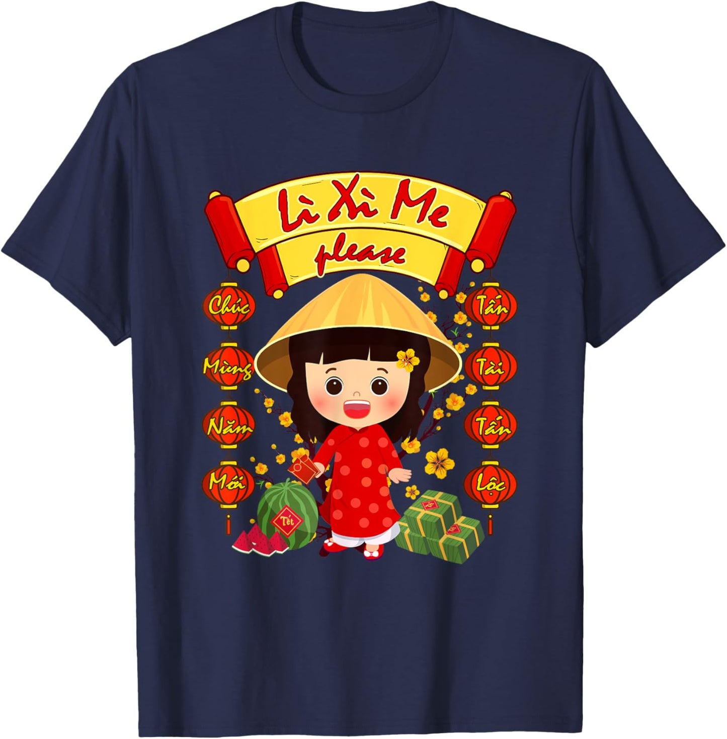 Li Xi Me Please Girl Ao Dai Funny Vietnamese Lunar New Year T-Shirt - T-Shirt | Navy