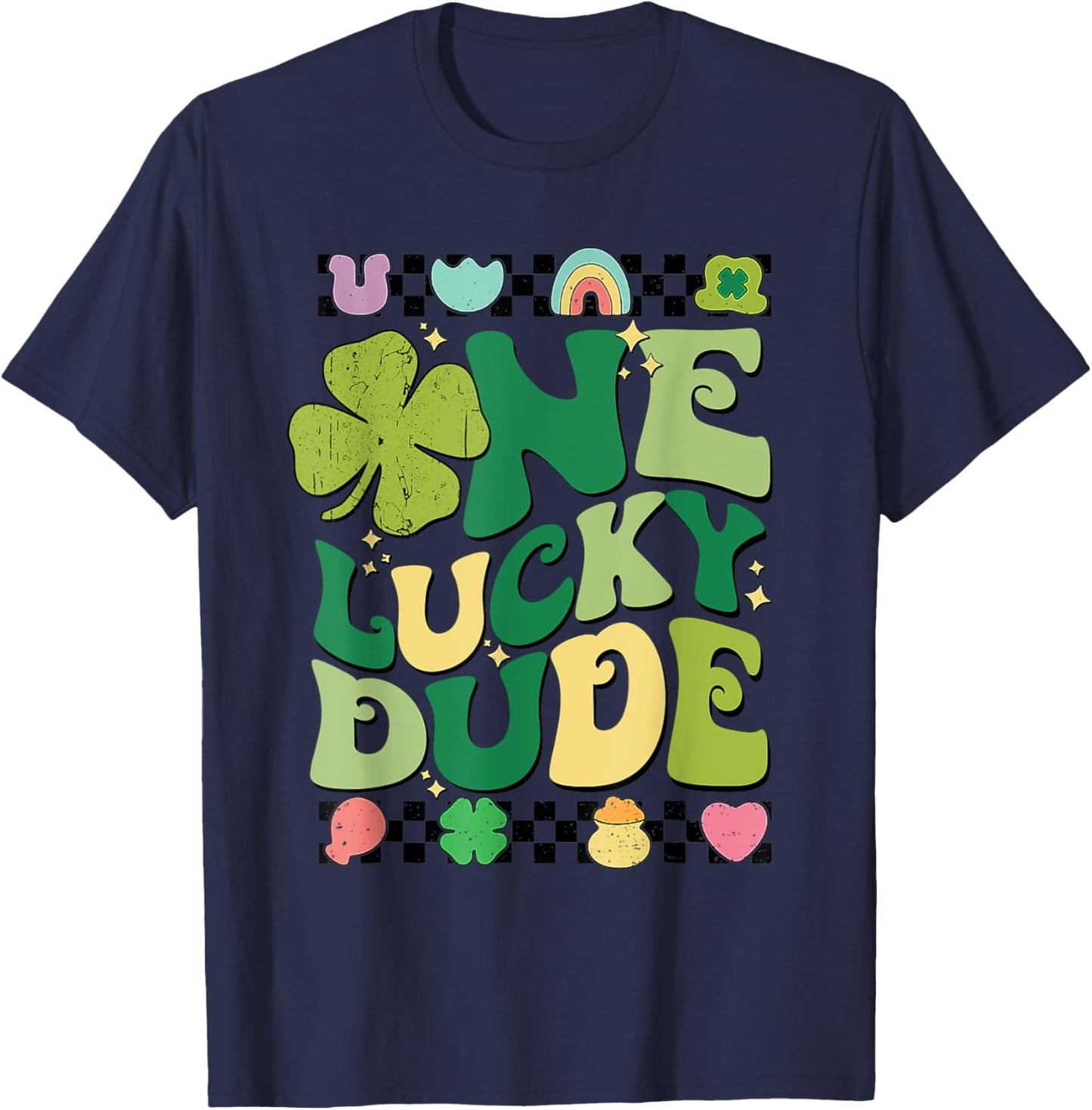 Retro One Lucky Dude St Patricks Day Shamrock Lucky Charm T-Shirt - T-Shirt | Navy