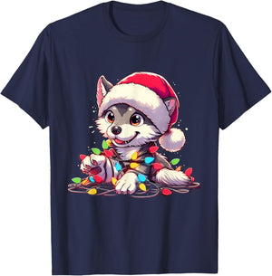 Merry Wolfmas Christmas Lights Cute Wolf Santa Hat T-Shirt - T-Shirt | Navy