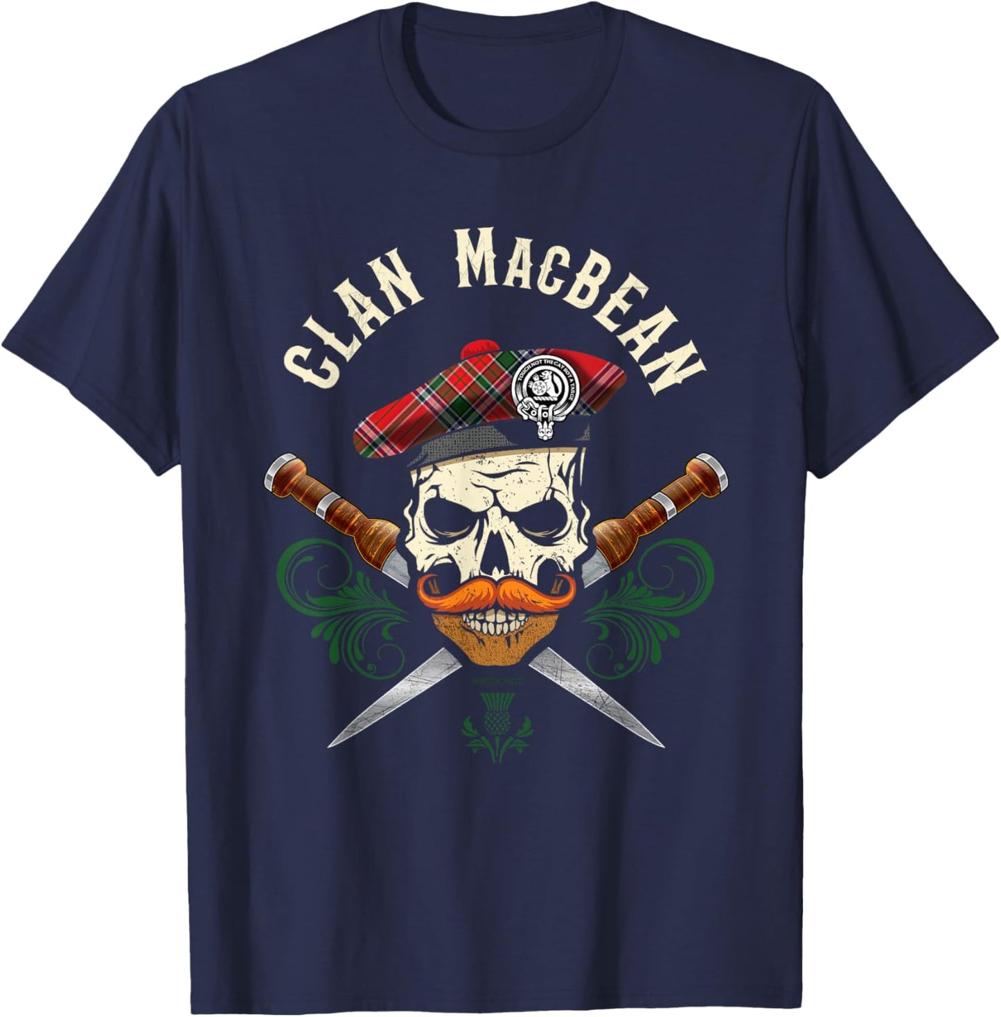 Scottish Clan MacBean Surname Skull Dirks Tartan Badge T-Shirt - T-Shirt | Navy