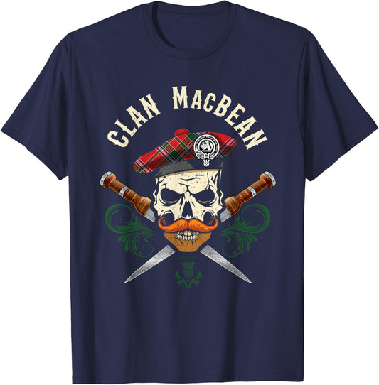 Scottish Clan MacBean Surname Skull Dirks Tartan Badge T-Shirt - T-Shirt | Navy