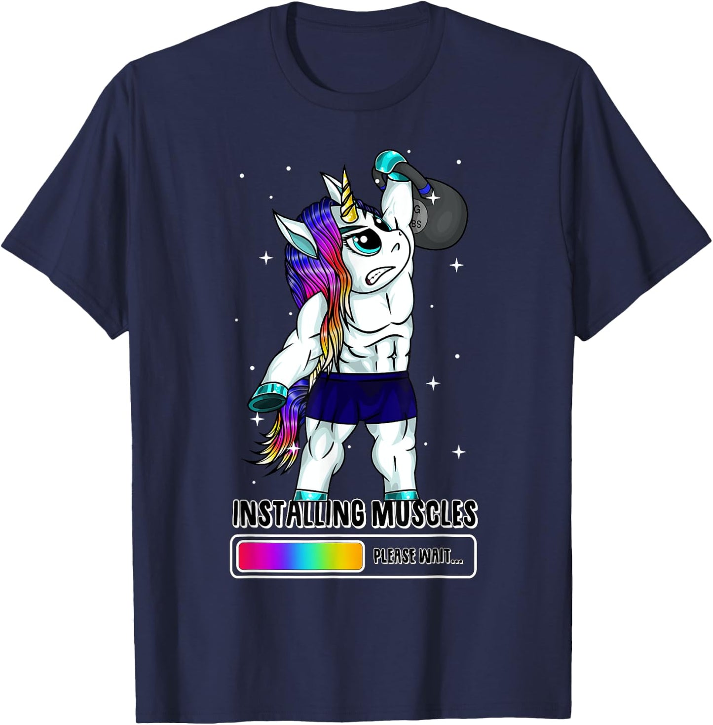 Unicorn Installing Muscles Kettlebell Fun Gym Workout Gift T-Shirt - T-Shirt | Navy