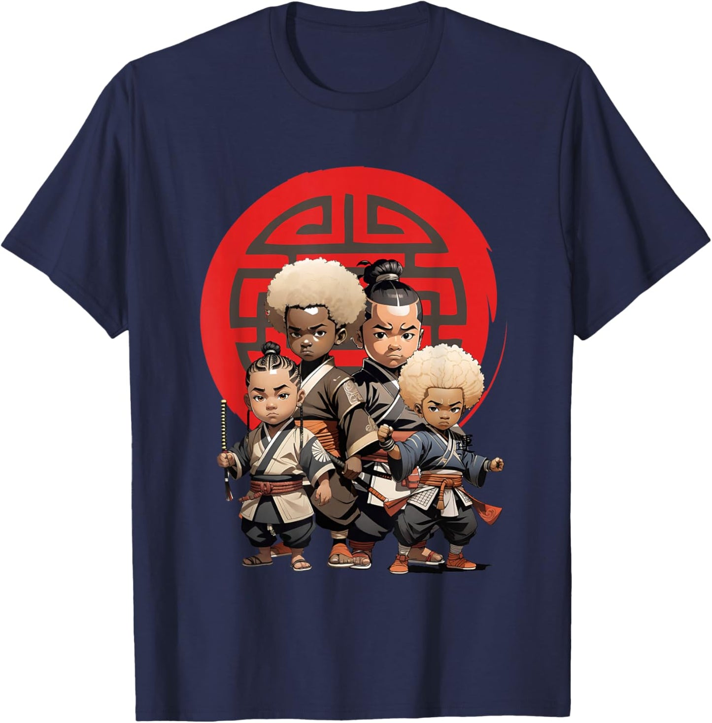 Samurai Boy Anime Afro | Japanese Retro Style T-Shirt - T-Shirt | Navy