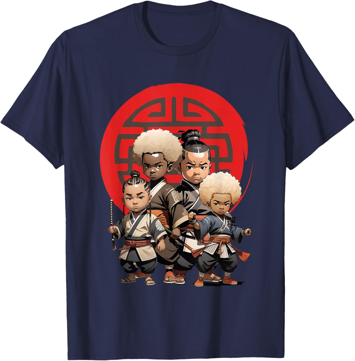 Samurai Boy Anime Afro | Japanese Retro Style T-Shirt - T-Shirt | Navy