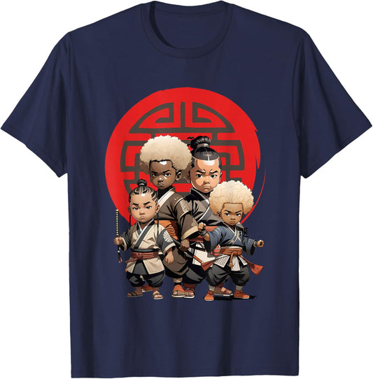 Samurai Boy Anime Afro | Japanese Retro Style T-Shirt - T-Shirt | Navy